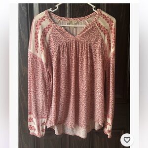 Lucky Brand Top Womens Small Red Floral V-neck Long Sleeve Boho Peasant